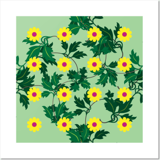 Yellow daisies with Cerise centres over layers of vine leaves on a Spearmint Green background Posters and Art